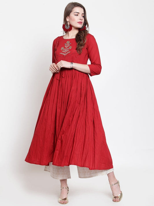 Women's Maroon & Gold-Toned Embroidered Kurta with Palazzos