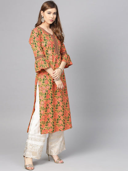 Women's Peach-Coloured & Pink Printed Straight Kurta