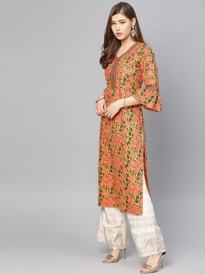 Women's Peach-Coloured & Pink Printed Straight Kurta