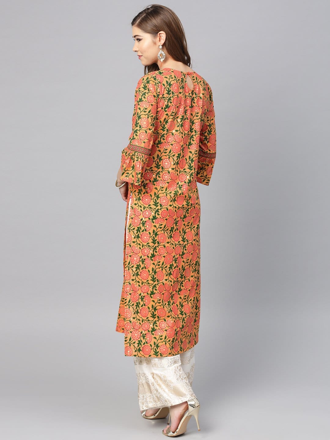 Women's Peach-Coloured & Pink Printed Straight Kurta