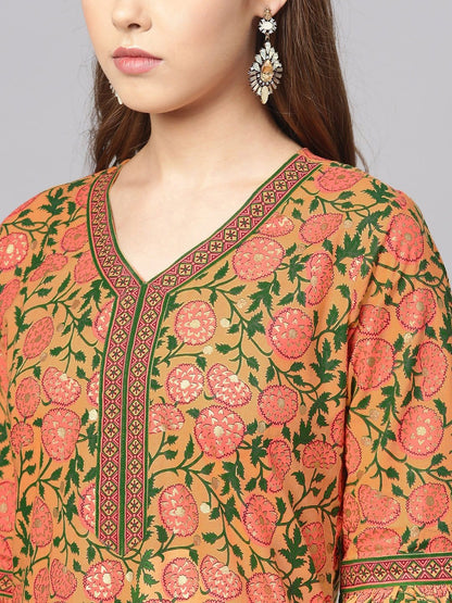 Women's Peach-Coloured & Pink Printed Straight Kurta