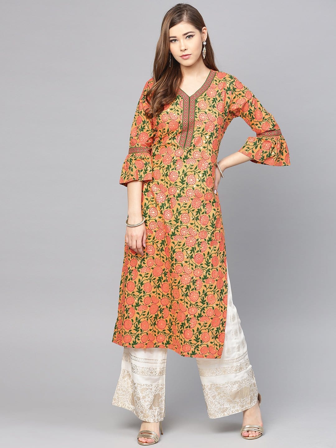 Women's Peach-Coloured & Pink Printed Straight Kurta