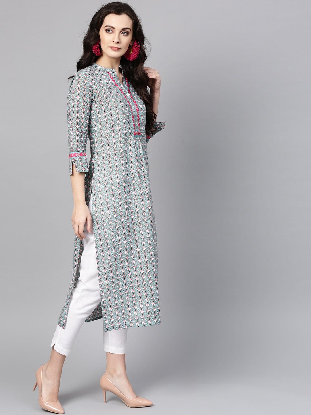 Women's Sea Green & Off-White Printed Straight Kurta