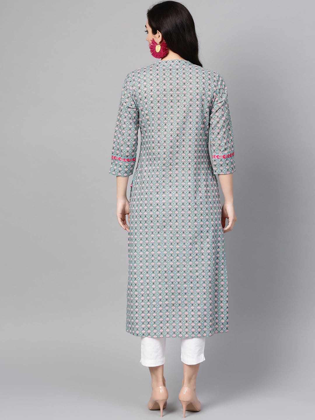 Women's Sea Green & Off-White Printed Straight Kurta