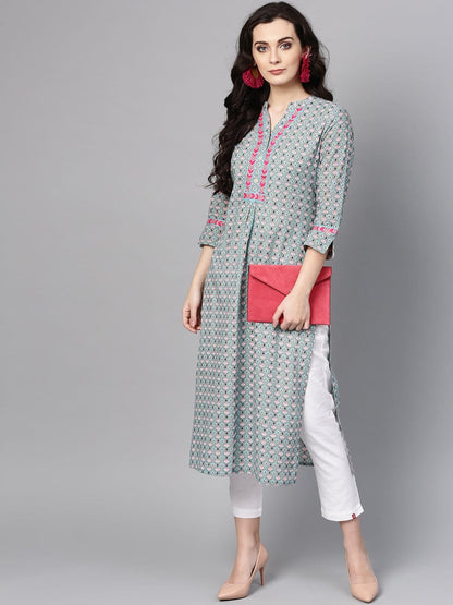 Women's Sea Green & Off-White Printed Straight Kurta