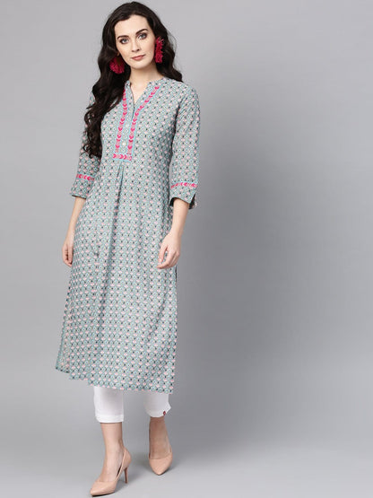 Women's Sea Green & Off-White Printed Straight Kurta