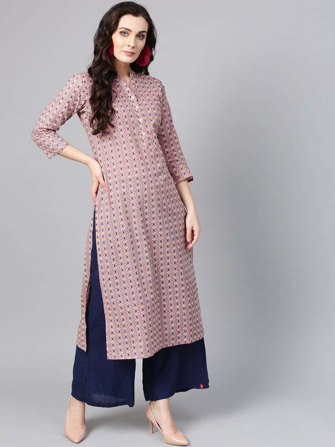 Women's Pink & Blue Printed Straight Kurta