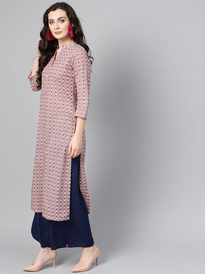 Women's Pink & Blue Printed Straight Kurta