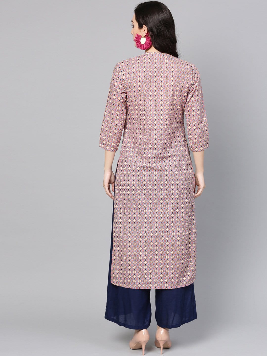 Women's Pink & Blue Printed Straight Kurta