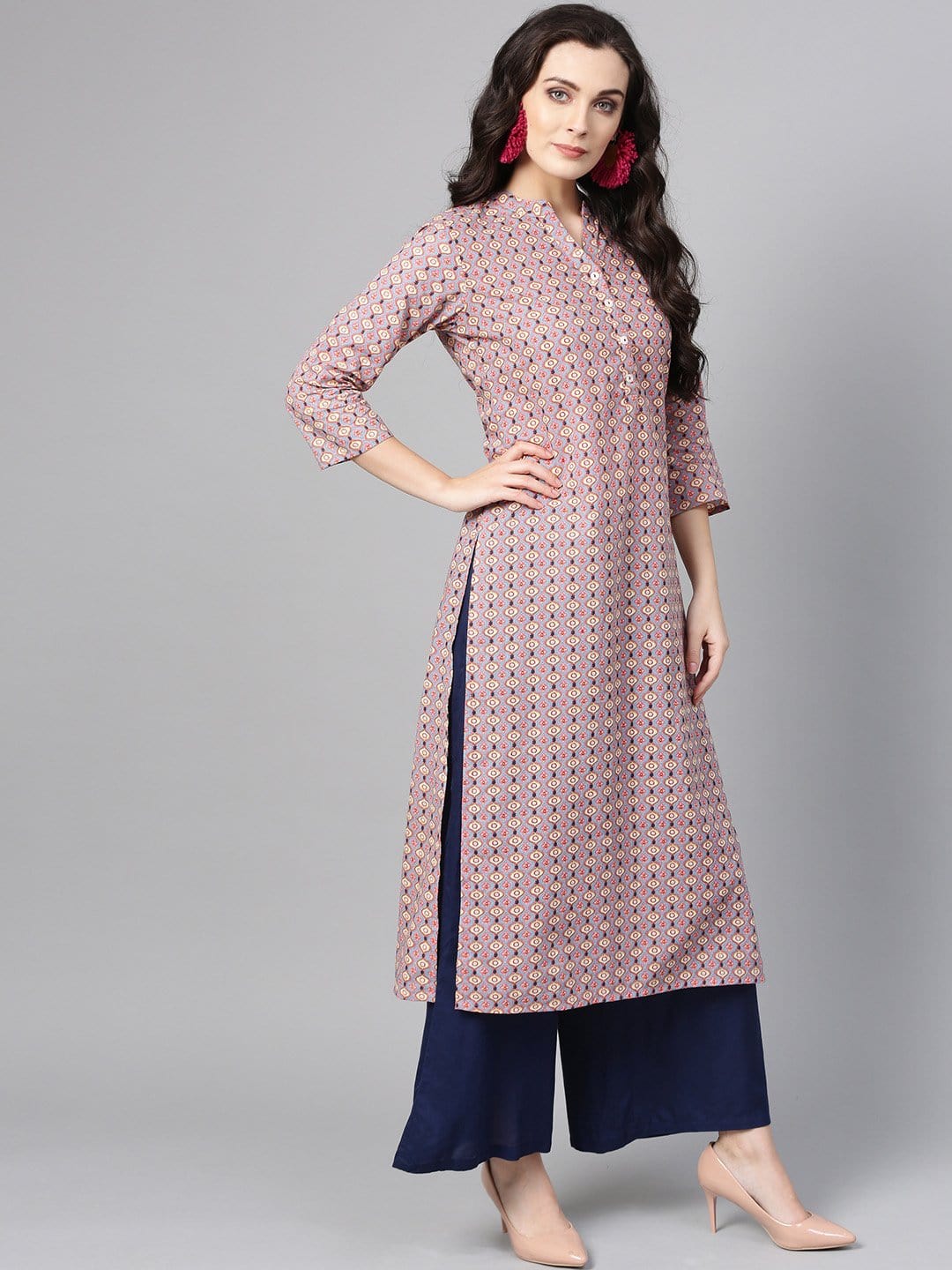 Women's Pink & Blue Printed Straight Kurta