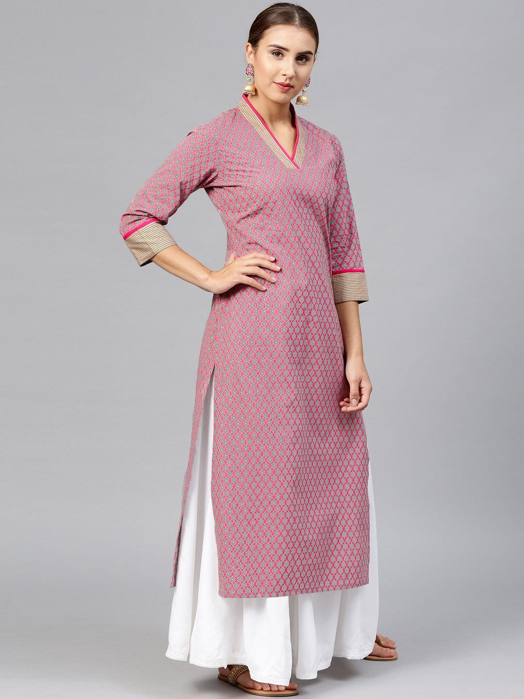 Women's Grey & Pink Printed Straight Kurta
