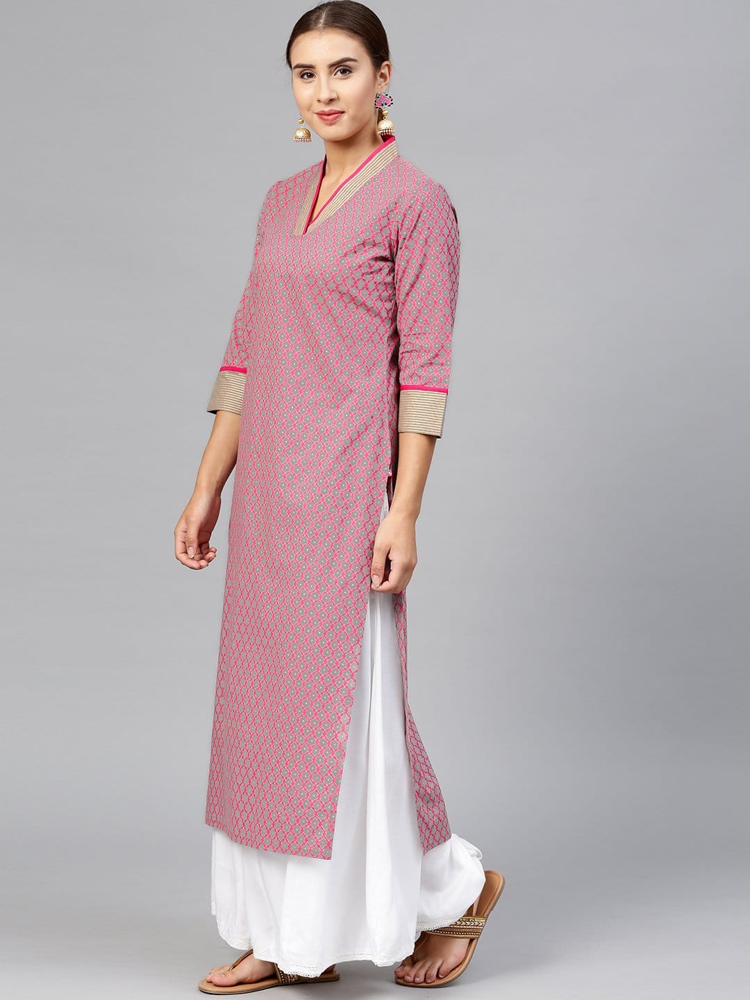Women's Grey & Pink Printed Straight Kurta