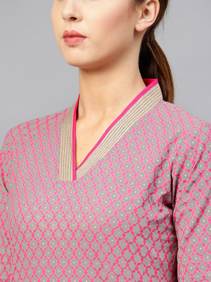 Women's Grey & Pink Printed Straight Kurta