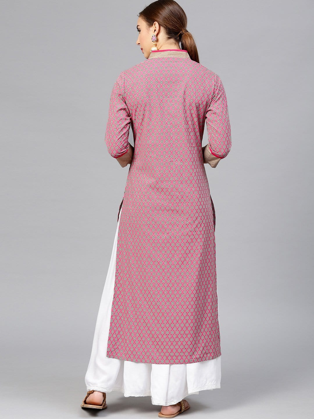 Women's Grey & Pink Printed Straight Kurta
