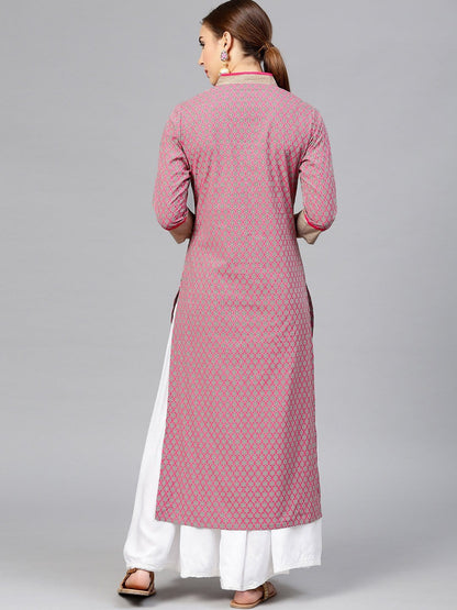 Women's Grey & Pink Printed Straight Kurta