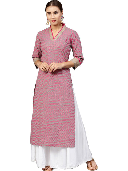 Women's Grey & Pink Printed Straight Kurta