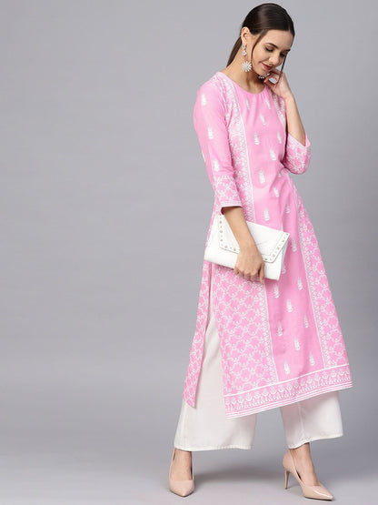 Women's Pink & White Printed Straight Kurta