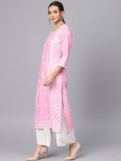 Women's Pink & White Printed Straight Kurta