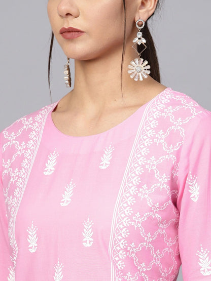 Women's Pink & White Printed Straight Kurta