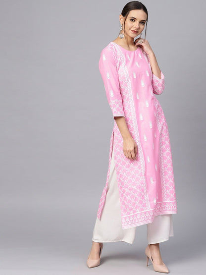 Women's Pink & White Printed Straight Kurta