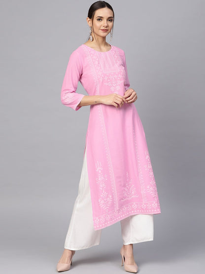 Women's Pink Printed A-Line Kurta