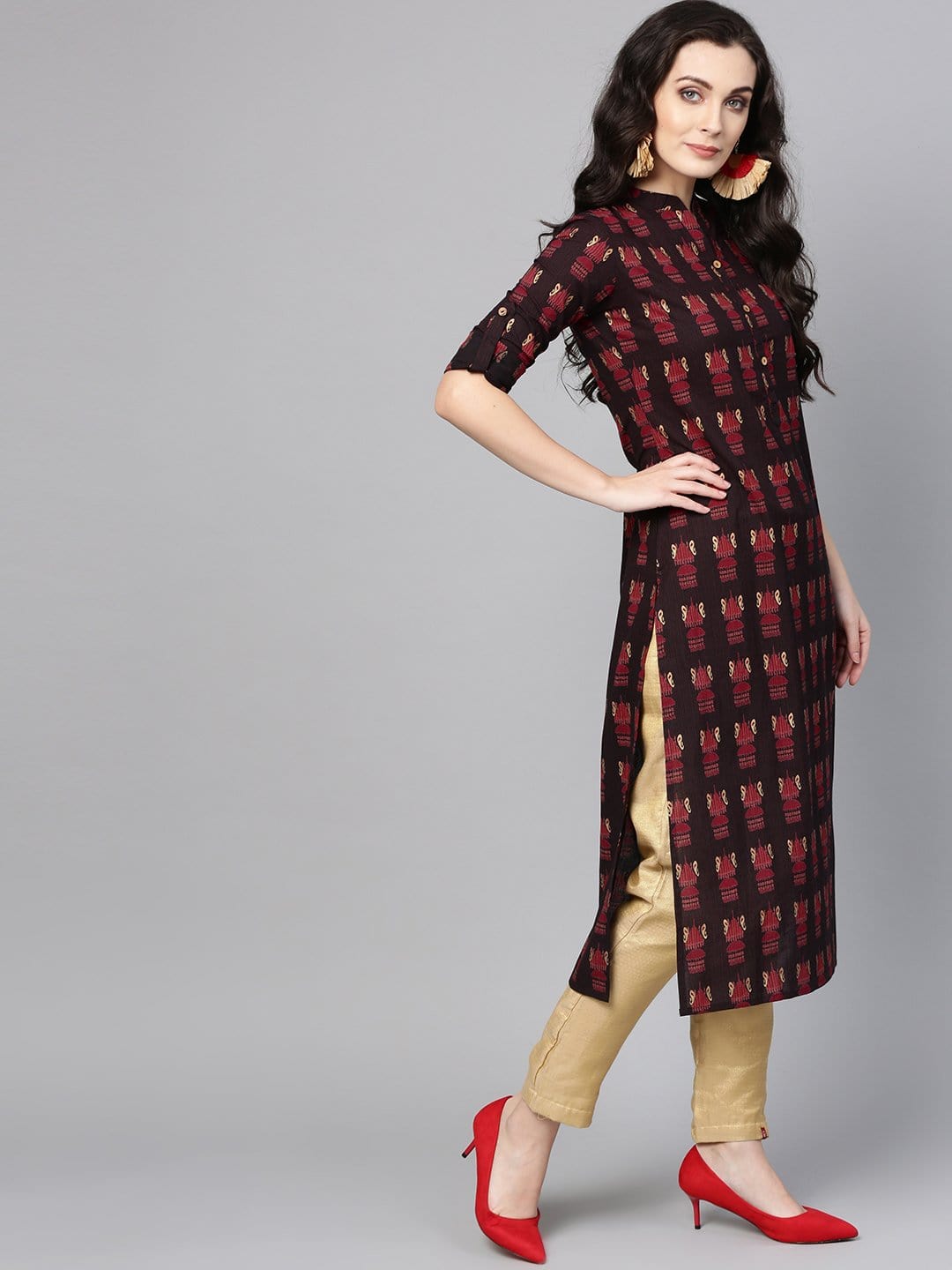 Women's Black & Maroon Printed Straight Kurta