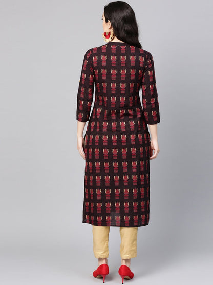 Women's Black & Maroon Printed Straight Kurta