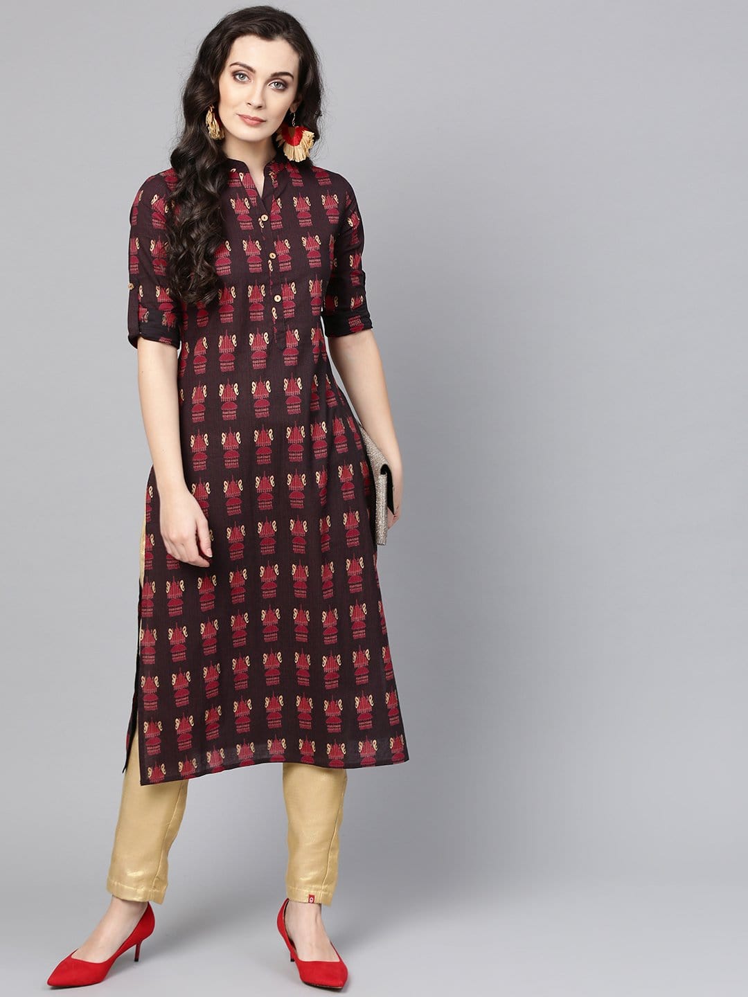 Women's Black & Maroon Printed Straight Kurta