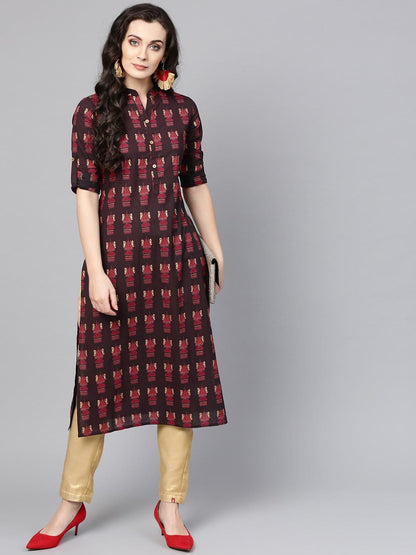Women's Black & Maroon Printed Straight Kurta