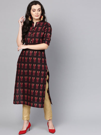 Women's Black & Maroon Printed Straight Kurta