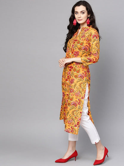 Women's Mustard Yellow & Red Printed Straight Kurta