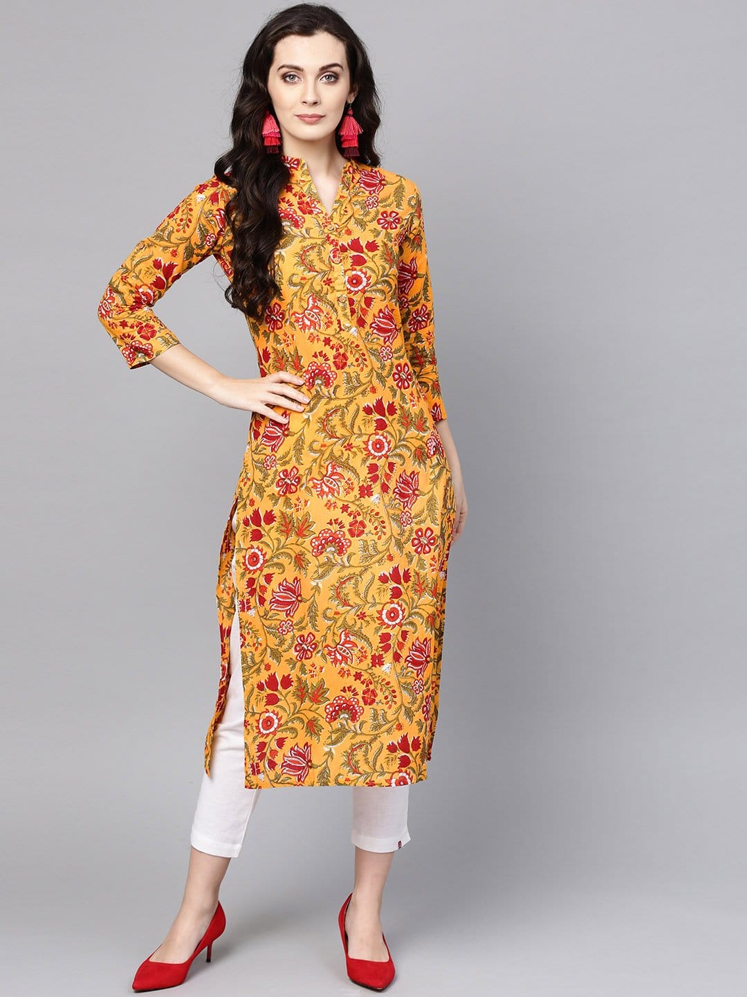 Women's Mustard Yellow & Red Printed Straight Kurta