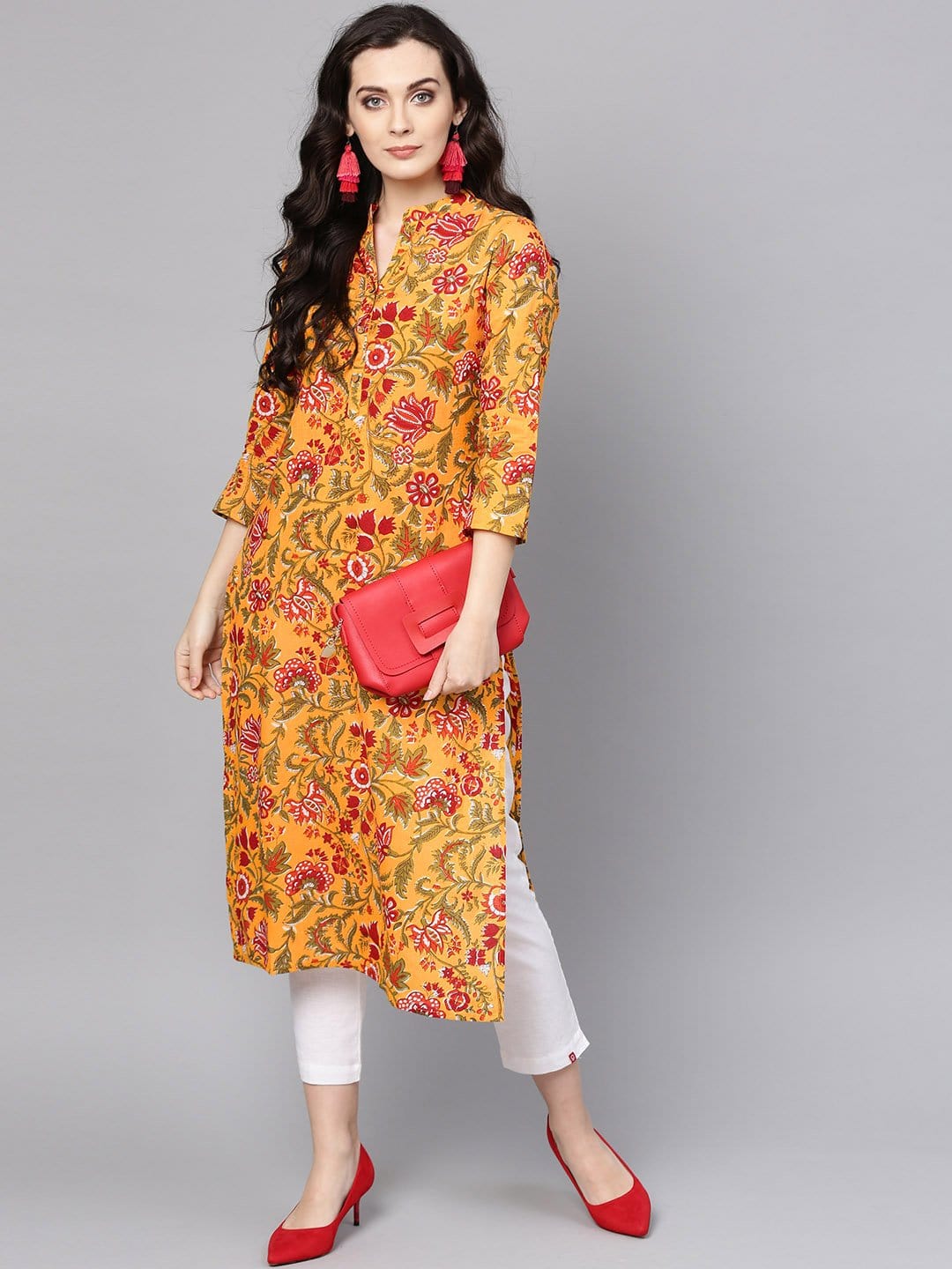Women's Mustard Yellow & Red Printed Straight Kurta