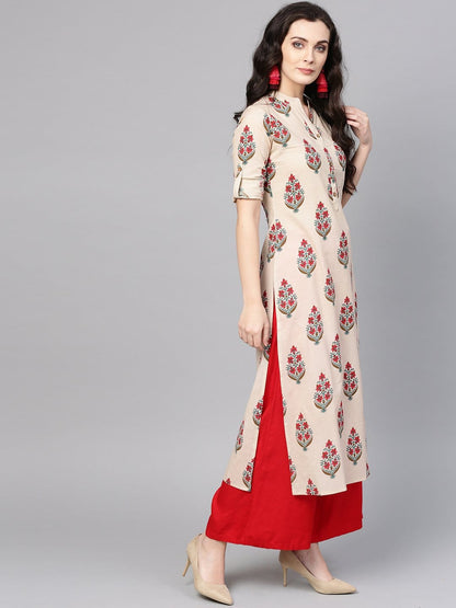 Women's Beige & Red Printed Straight Kurta