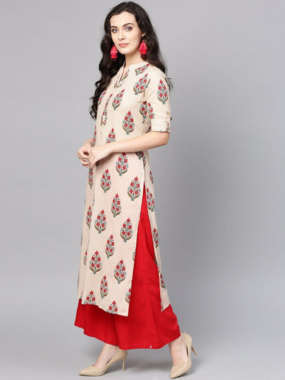 Women's Beige & Red Printed Straight Kurta