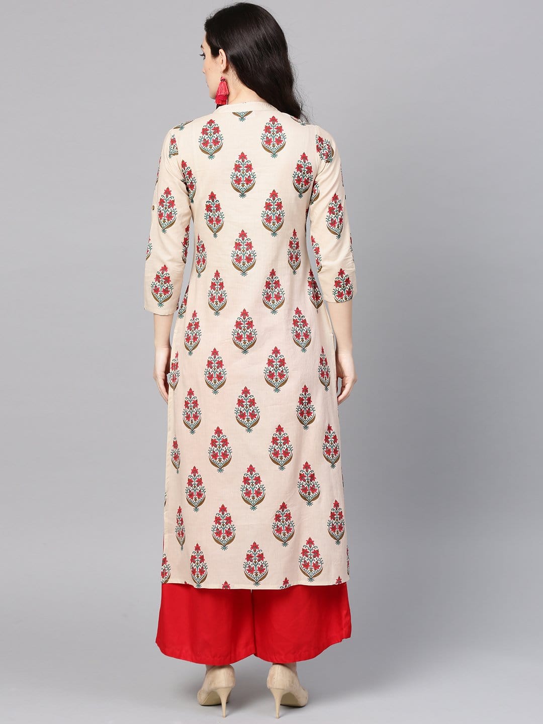 Women's Beige & Red Printed Straight Kurta