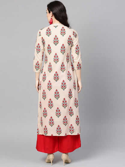 Women's Beige & Red Printed Straight Kurta