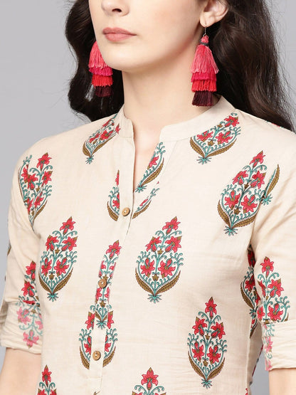 Women's Beige & Red Printed Straight Kurta