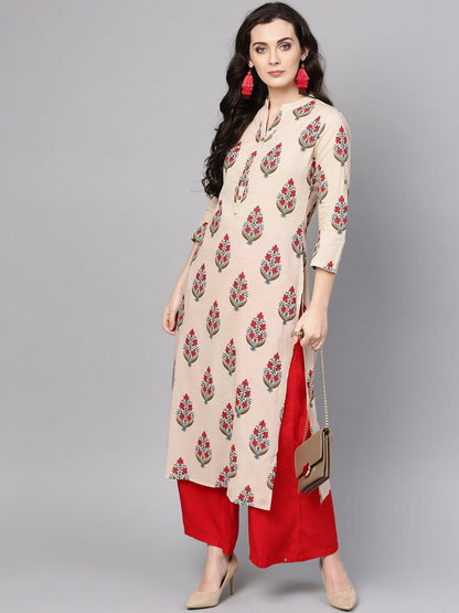 Women's Beige & Red Printed Straight Kurta