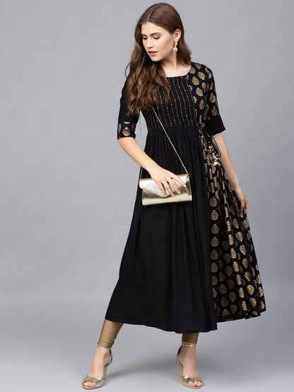 Women's Black & Golden Ethnic Foil Print Sequinned Pleated A-Line Kurta