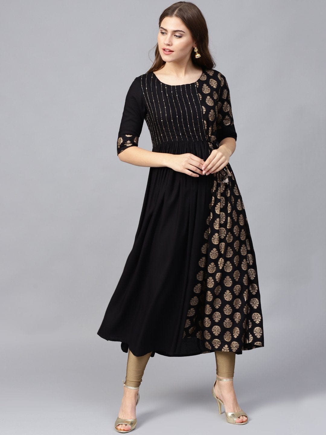 Women's Black & Golden Ethnic Foil Print Sequinned Pleated A-Line Kurta
