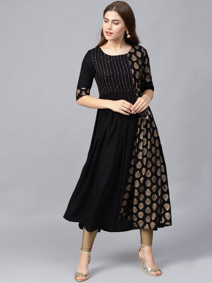 Women's Black & Golden Ethnic Foil Print Sequinned Pleated A-Line Kurta