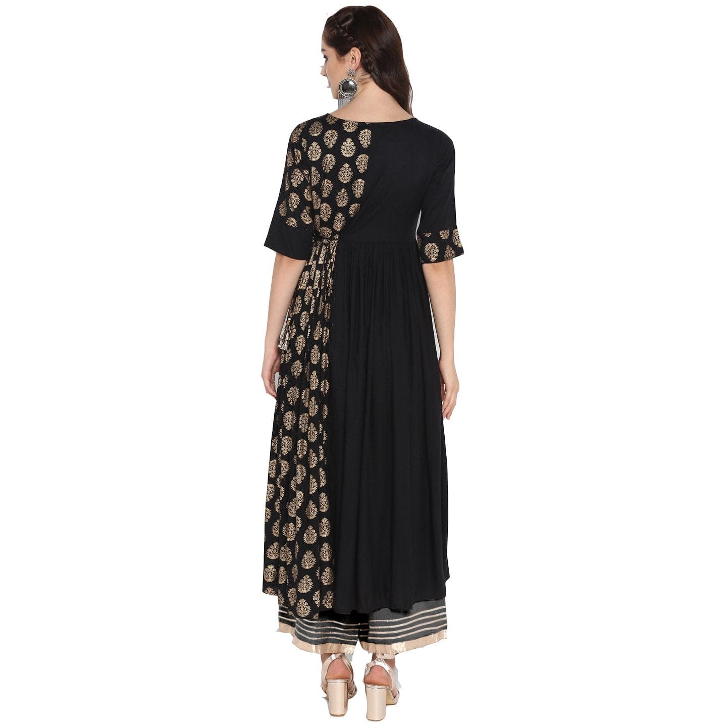 Women's Black & Golden Ethnic Foil Print Sequinned Pleated A-Line Kurta