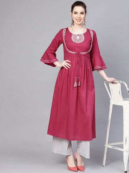 Women's Magenta Yoke Design A-Line Kurta