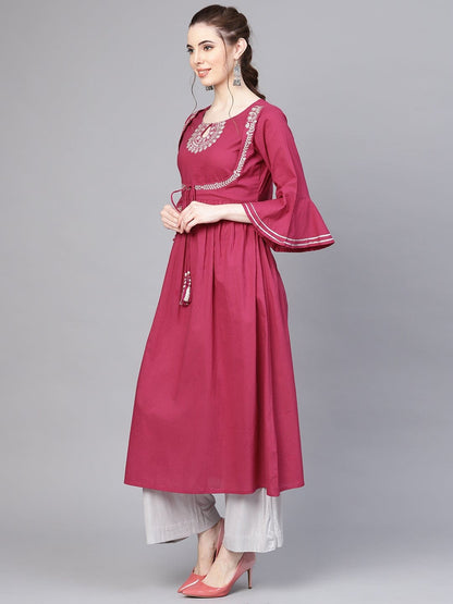 Women's Magenta Yoke Design A-Line Kurta
