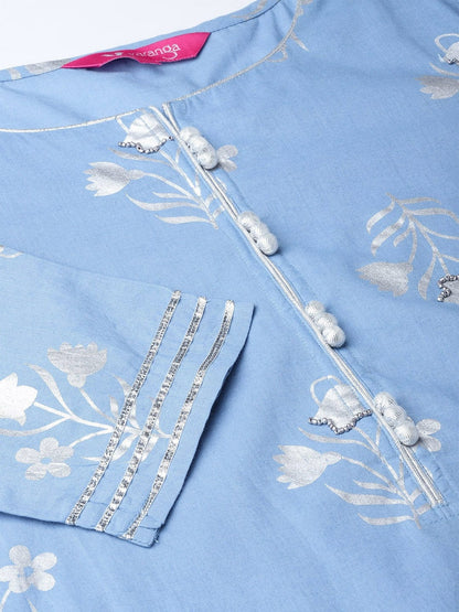 Women's Blue & Silver Printed Kurta with Palazzos