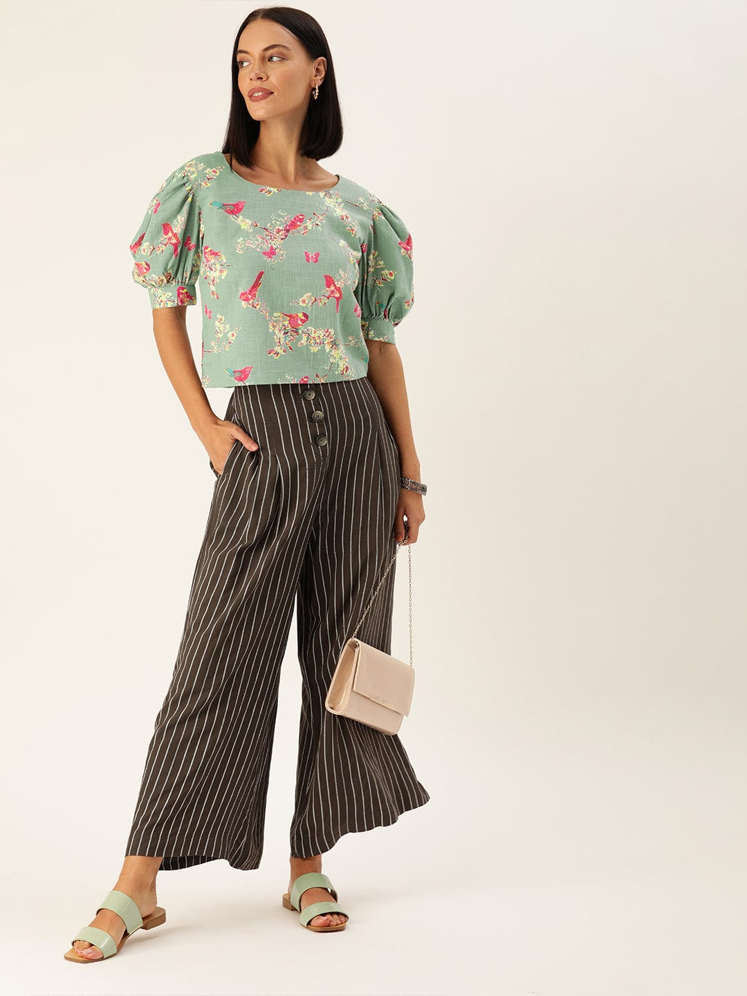 Women's Blue & Pink Floral Printed Puff Sleeved Crop Top