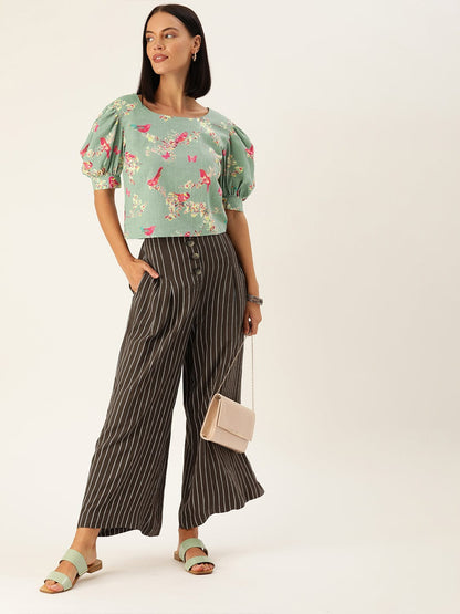 Women's Blue & Pink Floral Printed Puff Sleeved Crop Top