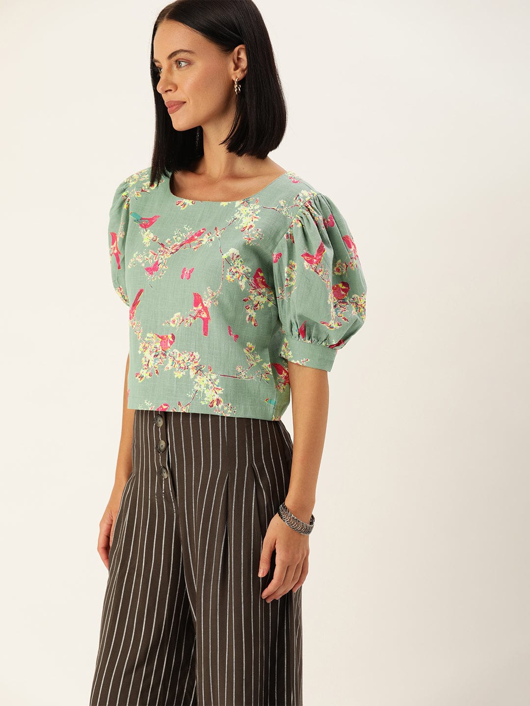 Women's Blue & Pink Floral Printed Puff Sleeved Crop Top