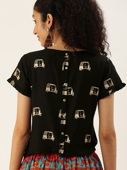 Women's Black & Gold-Coloured Printed Regular Cropped Top